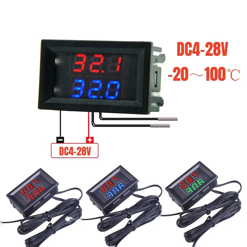 3 Digit 0.28 Inch DC 4V-28V Dual Thermometer Dual LED Display NTC Waterproof Sensor Thermal Thermo Meter 5V 12V 24V  Tem Tester