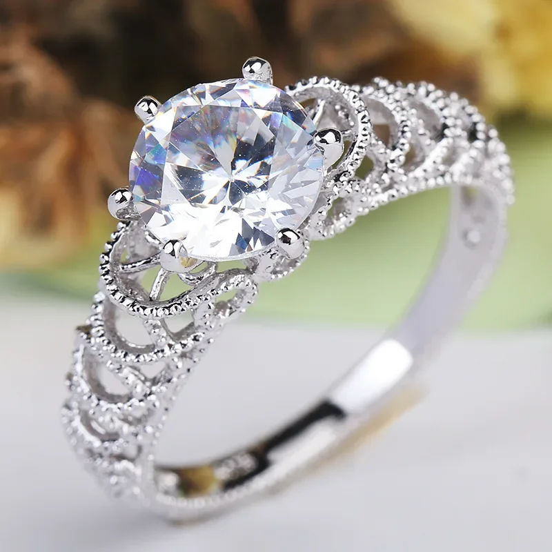 New 1 carat AAA zircon Hollow out jewelry wedding flower rings for women vintage Silver Color anel crystal bague leave