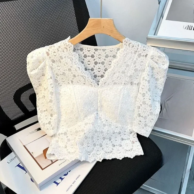 

Lace Blouses Solid V Neck Puff Sleeve Spring Summer Vintage Women Shirts Korean Fashion Sexy Hollow Out Blusas Mujer