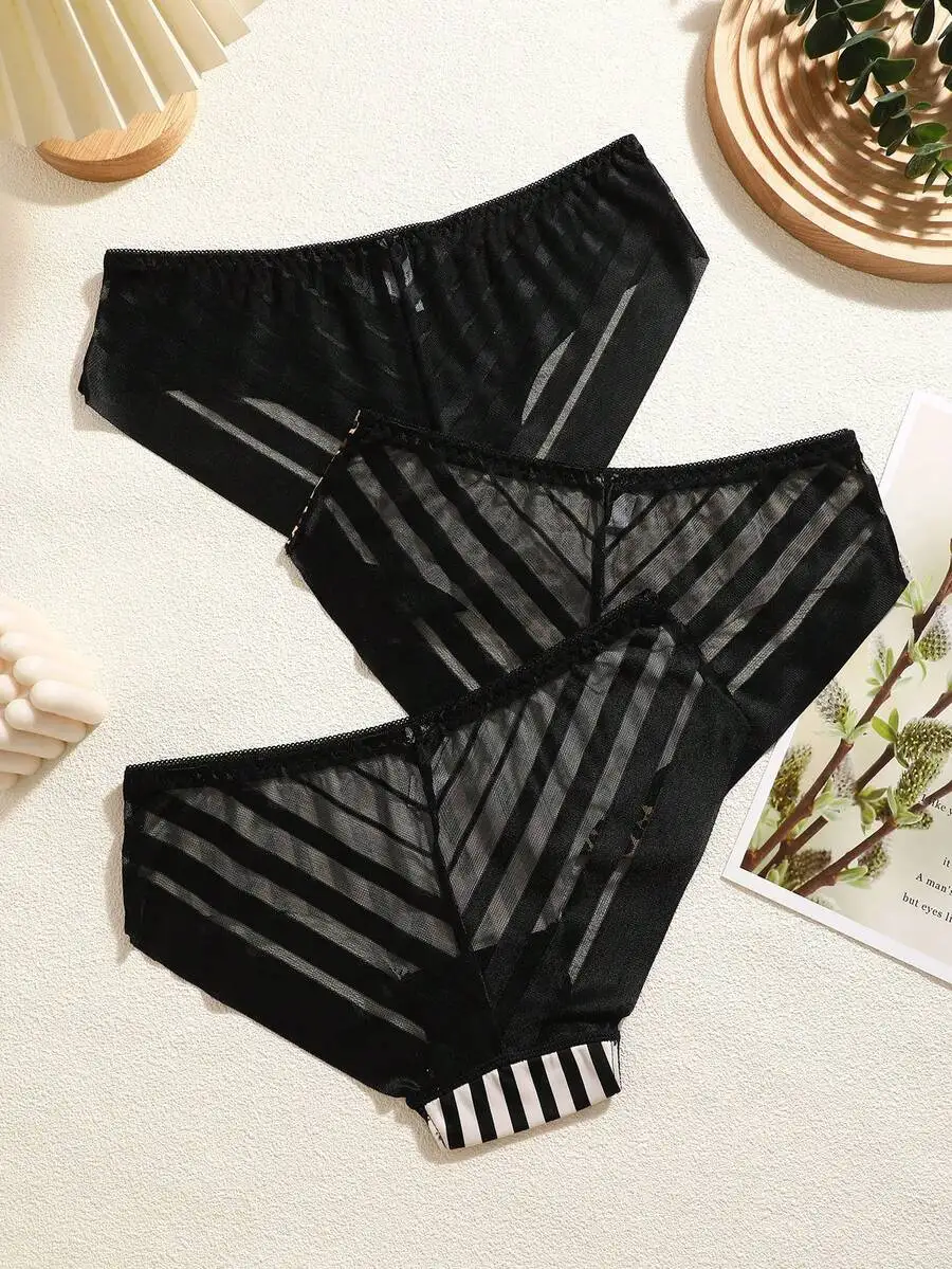 

3pcs Womens Lace Patchwork Sheer Striped Bikini Panties Comfortable Seamless
