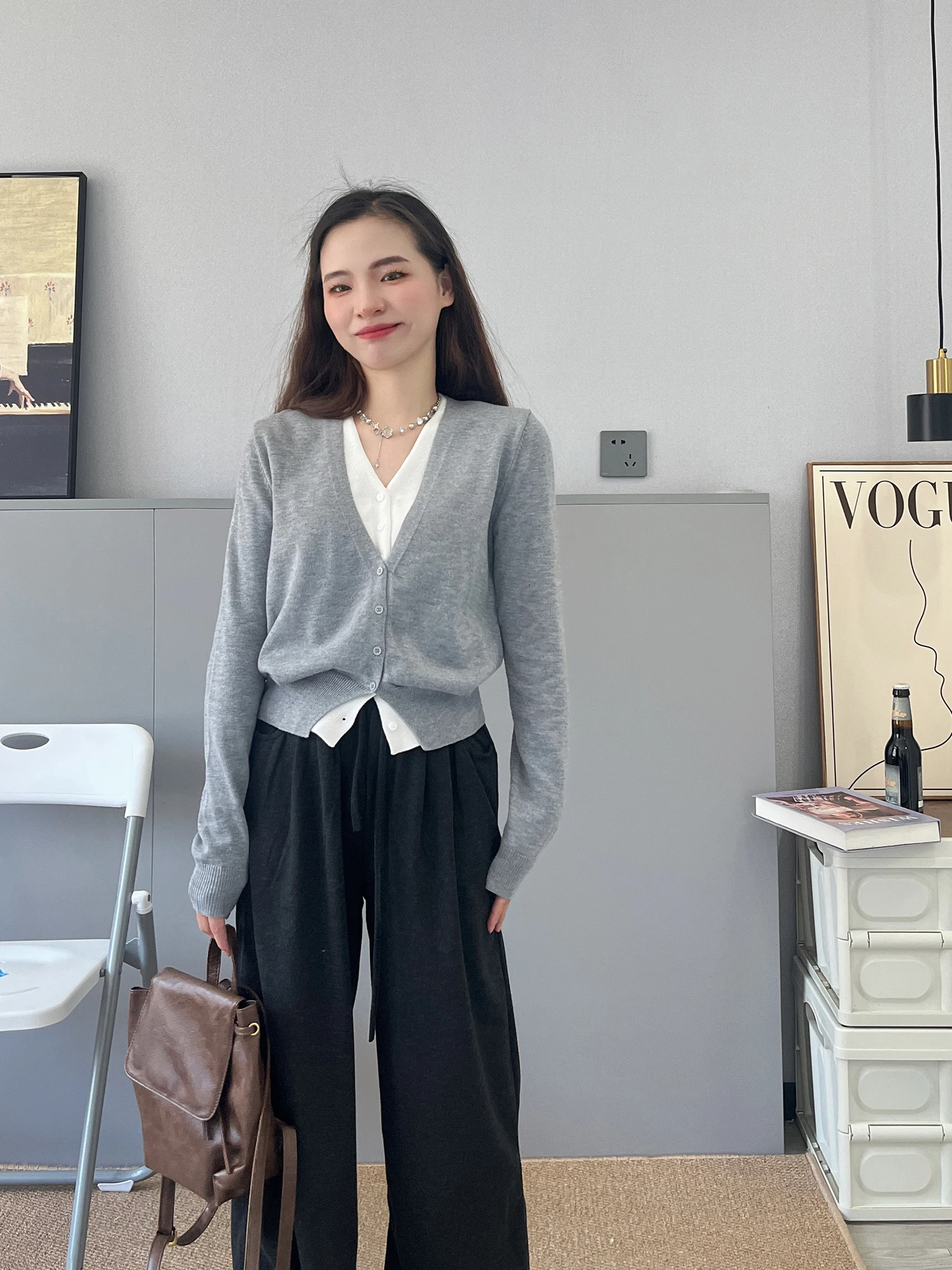 

Вязаный свитер-кардиган с V-образным вырезом и высокой талией, цветной, базовый топ Sumui50, осенне-зимний, женский, модный, из чистого акрила