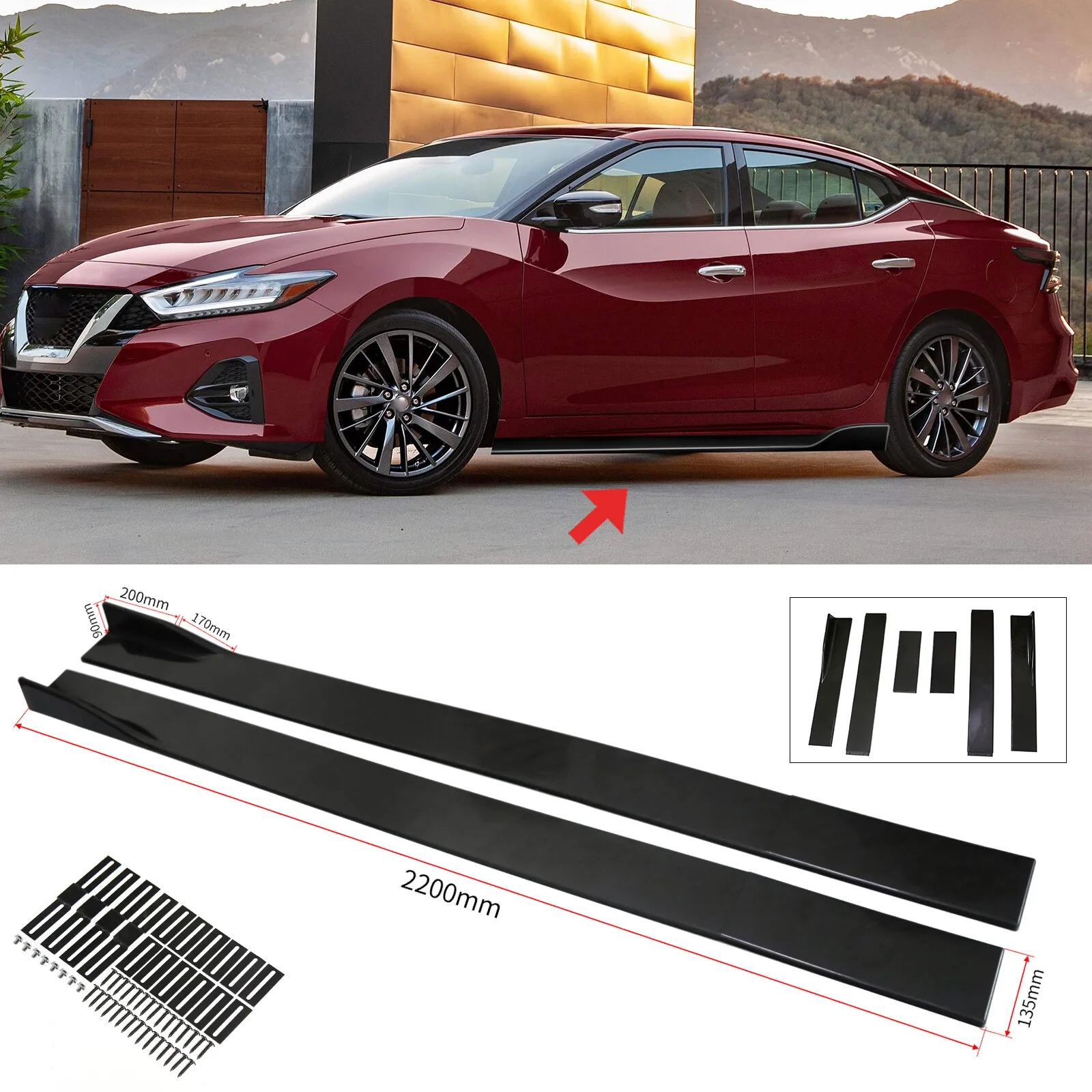 

Глянцевые боковые накладки-сплиттеры (юбки) на пороги 86.6'' для Nissan Maxima 2019