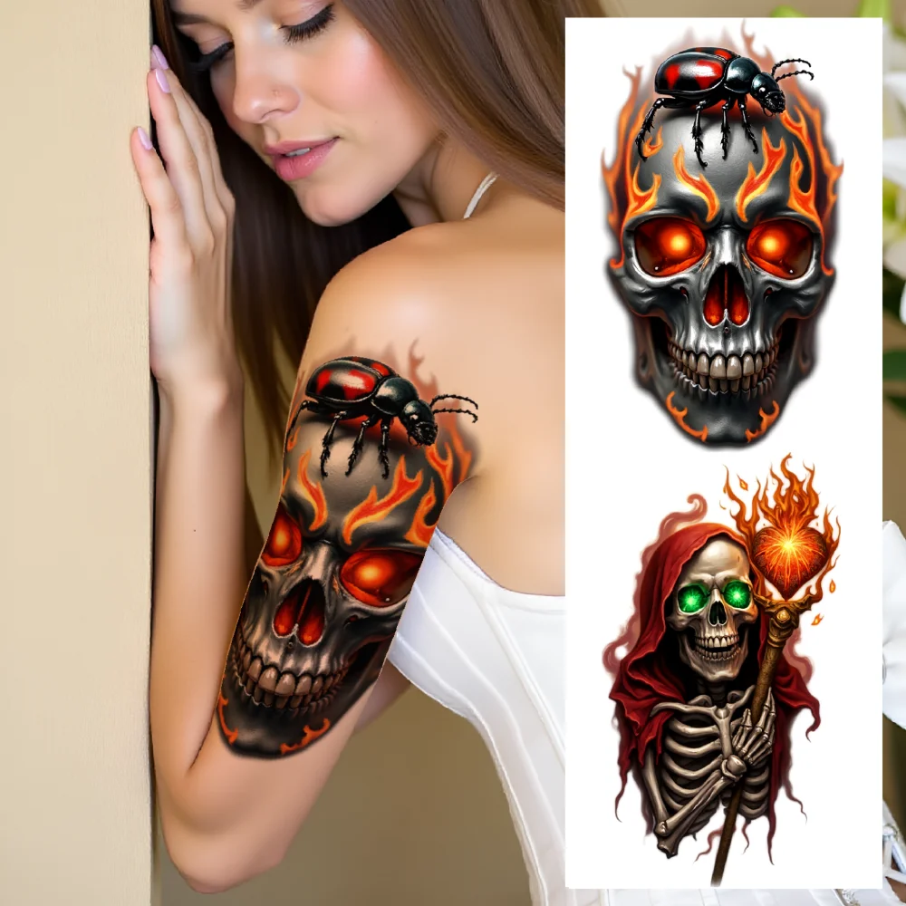 

3pcs Temporary Tattoo Colorful Realism Raven With Heart Skeleton With Scythe Skeleton With Staff For Arms Men Women