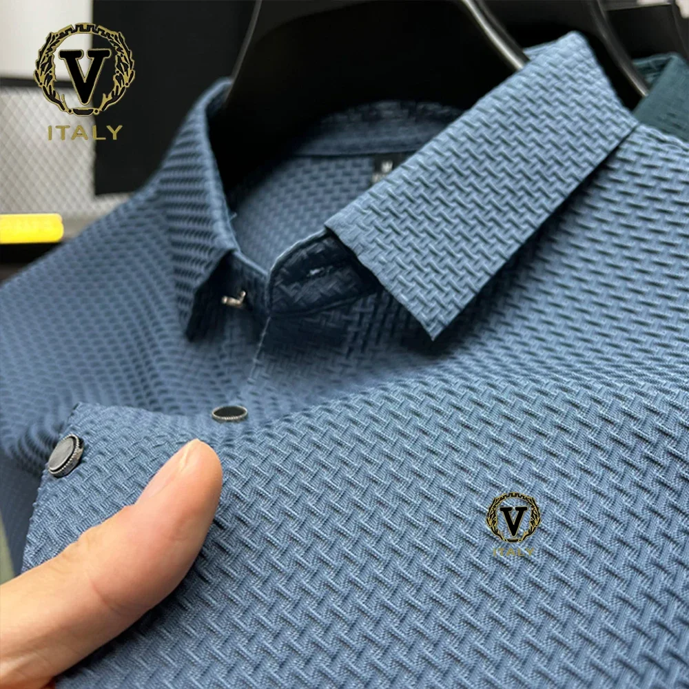 موضة مطبوعة الحرير الجليد مطاطا قميص بولو 2025 جديد تيشيرت صيفي تنفس ملابس للرجال الأعمال قصيرة الأكمام الفاخرة