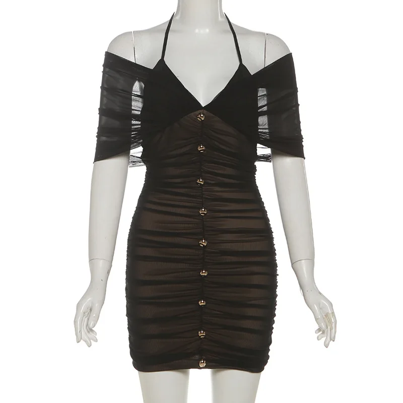 SylCue – robe transparente Sexy pour femmes, col licou, épaules dénudées, décoration en métal, slim, portefeuille, hanche, soirée, froncée, élégante, Mini moulante