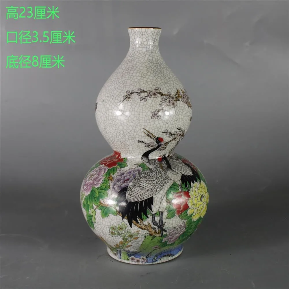 23cm Retro Powder Enamel Gourd Vase Feng Shui Lucky Crane Flower Pattern Crackled Glaze Ceramic Archaistic Chinese Home Ornament