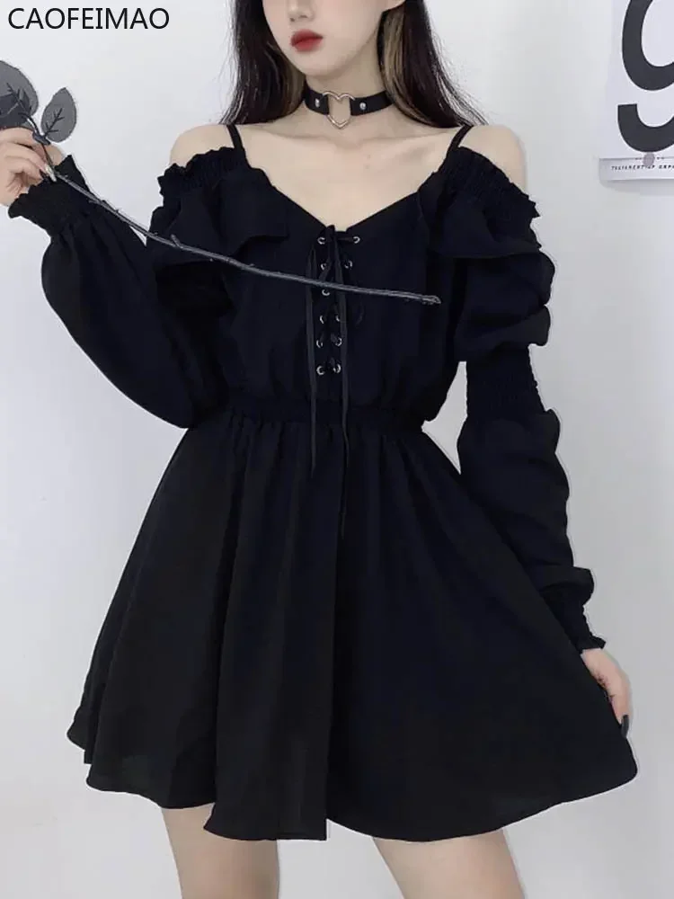 

2025 Large Size Gothic Women Black Mini Dress Sexy Off Shoulder High Waist Tunic Ladies Party Dress Long Sleeve V Neck Vestidos