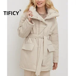 Standing Collar Padded Jacket Women's Irregular Buttons and Waistband Autumn and Winter Temperament Medium Length Parkas