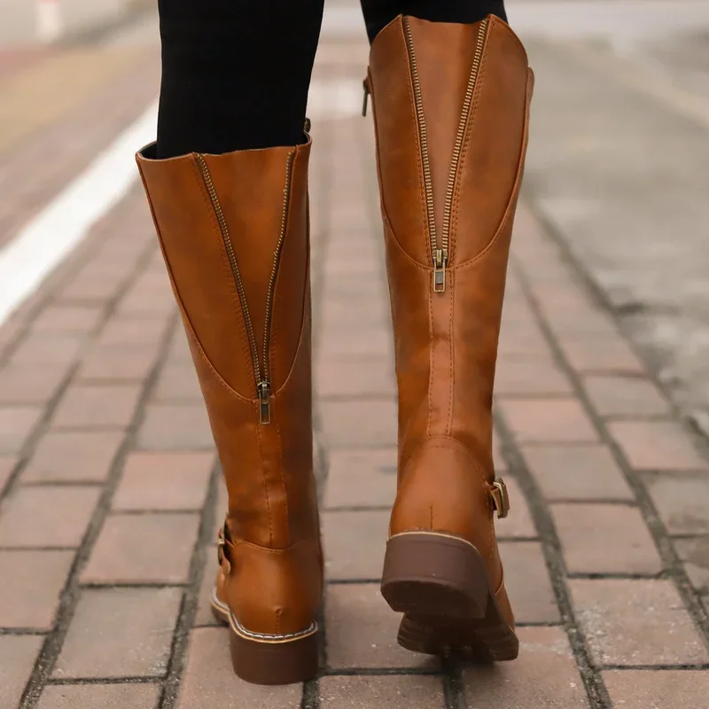 

Women's Knee High Boots Fashion Low Heels Square Platform Long Boots Brown Black Leather PU Zip Winter Woman Warm Shoes Booties