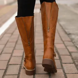 Women's Knee High Boots Fashion Low Heels Square Platform Long Boots Brown Black Leather PU Zip Winter Woman Warm Shoes Booties