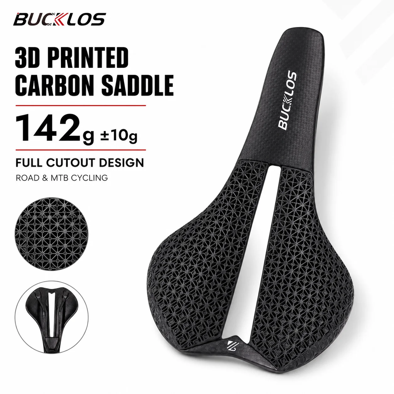 BUCKLOS 3D Printed Bicycle Saddle 142g Carbon Fiber Full Cutout Breathable Lightweight Racing Seat for Road and MTB Cycling