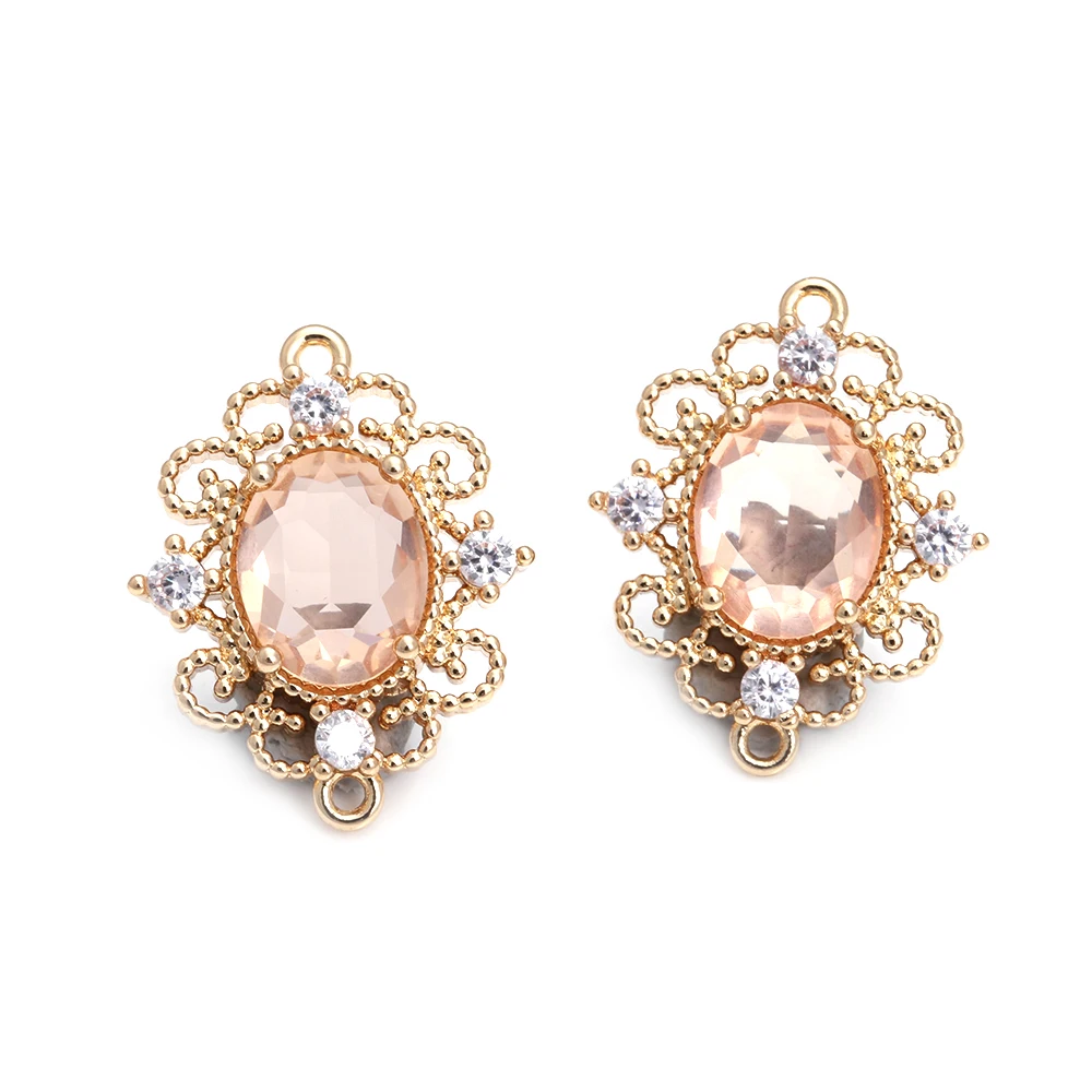 18K Gold Color Brass Zircon Glass Oval Shape Connect Charms Pendants High Quality Diy Jewelry Accessories Making Materials
