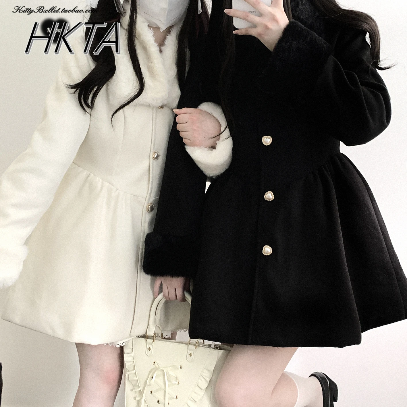 Japanese New Winter Sweet Elegant Removable Fur Collar Mine Imitation Tweed Coat Dress Female Slim Long-sleeved Woolen Long Coat