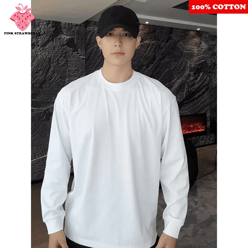 

100% Cotton White Long sleeve T-shirt Men Autumn 2025 New Solid color High quality Loose Casual Black Tee Y2k Top Men clothing