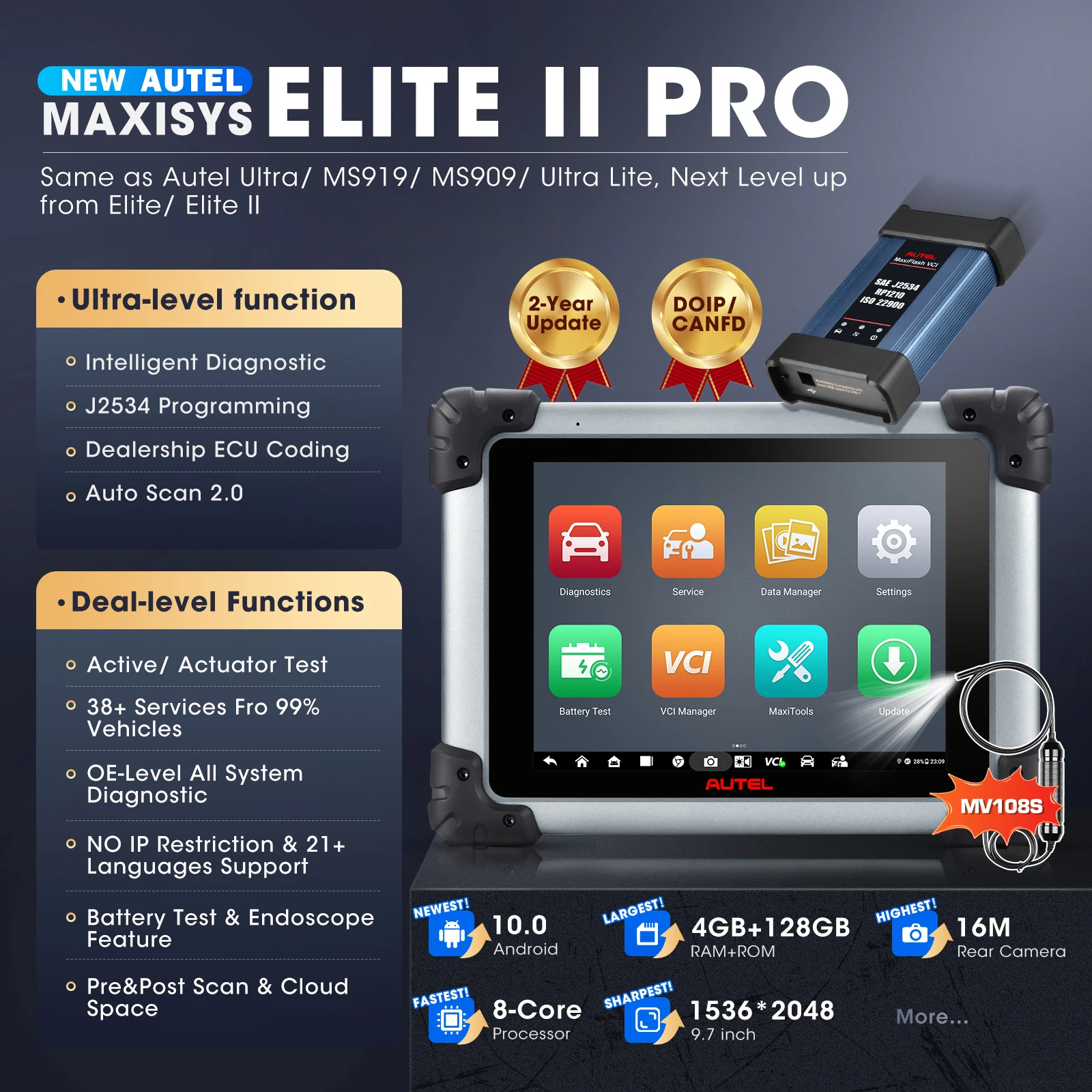 Autel Maxisys Elite II Pro Car Diagnostics Tool J2534 ECU Programming ECU Coding Motor TruSpeed CAN FD/DoIP PK MK908P Elite 2