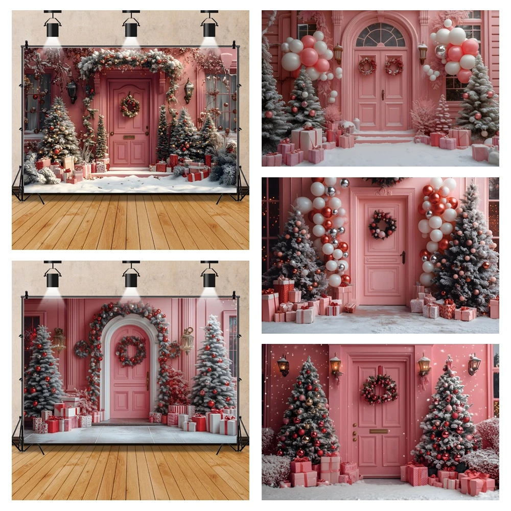

Pink Christmas Shop Backdrop Winter Pink Xmas Tree Balls Gift Box Snowflake Family Holiday Party Decor Photography Background