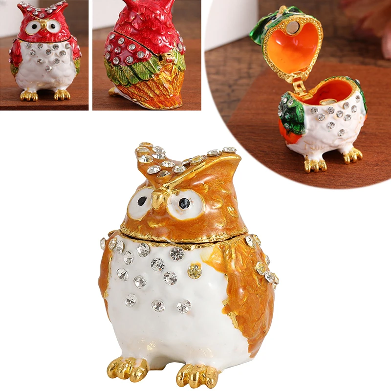 

Colorful Rhinestone Owl Jewelry Box Mini Exquisite Enamel Trinket Boxes Desktop Ornament Storage Box For Ring Ear Studs Pendants