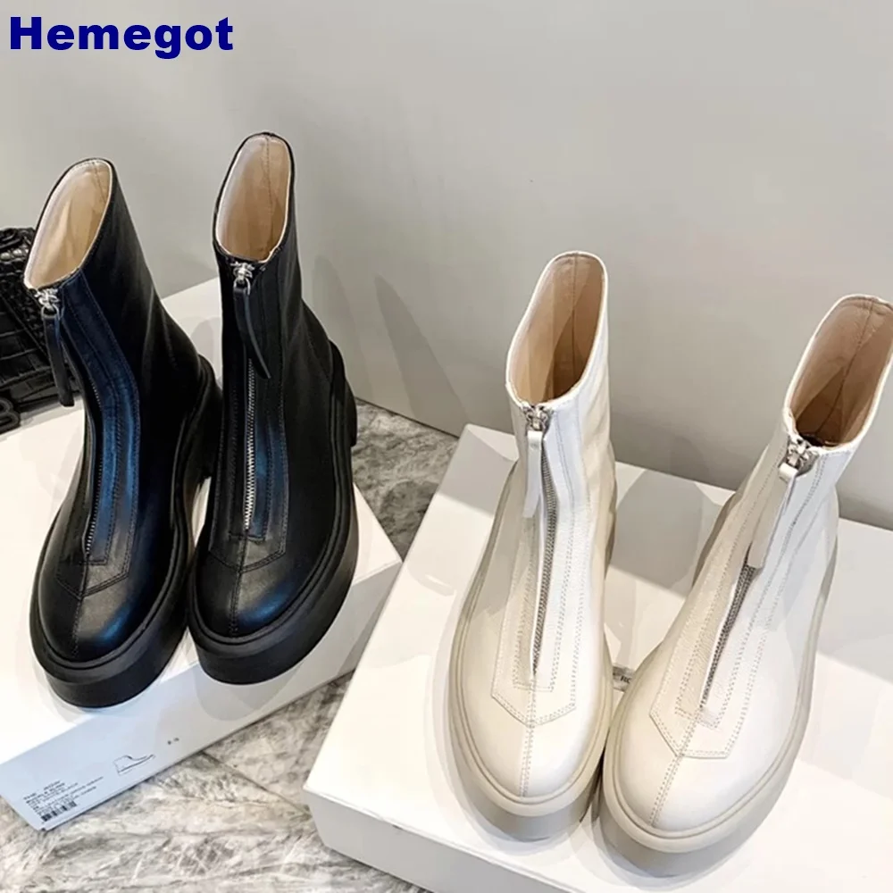 Botas curtas de couro genuíno estilo britânico 2024 primavera ao ar livre casual escritório dedo do pé redondo zip sola grossa botas moda feminina