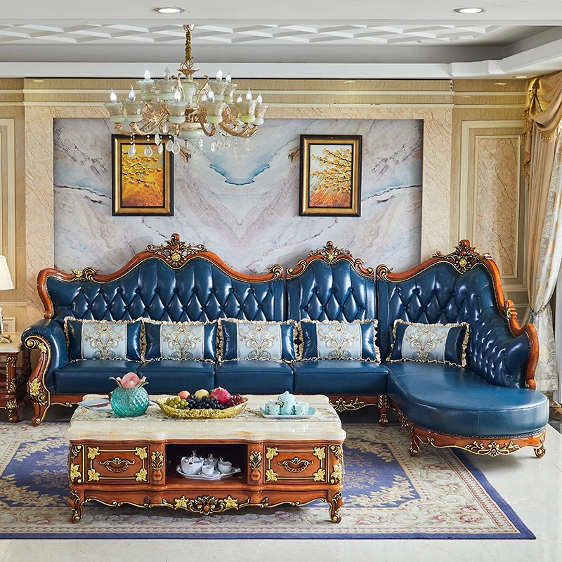 European style leather sofa, living room, villa, solid wood set furniture, simple European top layer cowhide