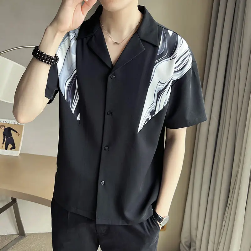 

Notched Fashion Simple Hot Selling Versatile Men's Clothing Solid Color Shirts Print Tops Summer Short Sleeve Casual