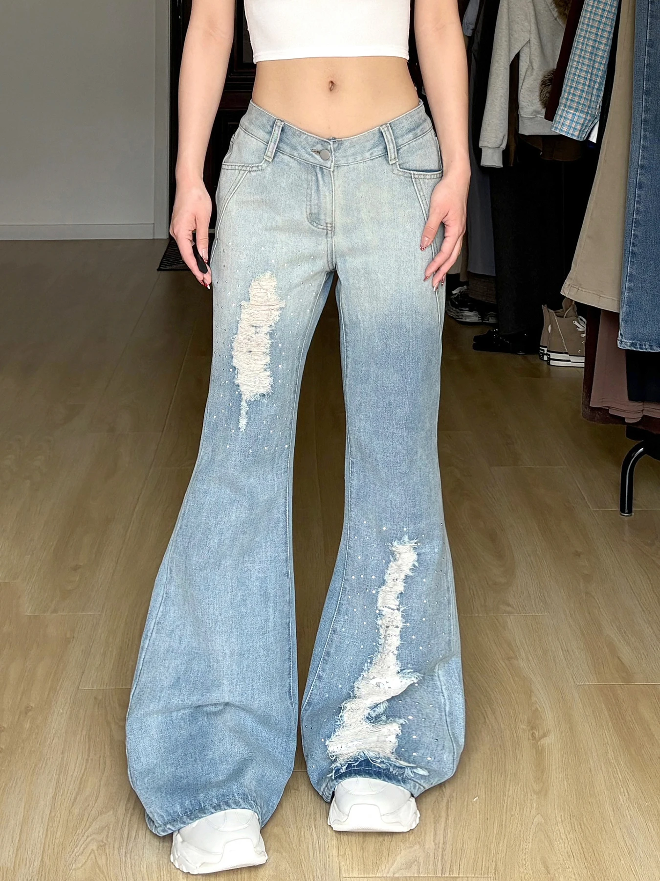 

Weekeep Cute Coquette Blue Flared Jeans Vintage 2000s Rhinestone Low Rise Baggy Denim Pants y2k Streetwear Trousers Korean Style