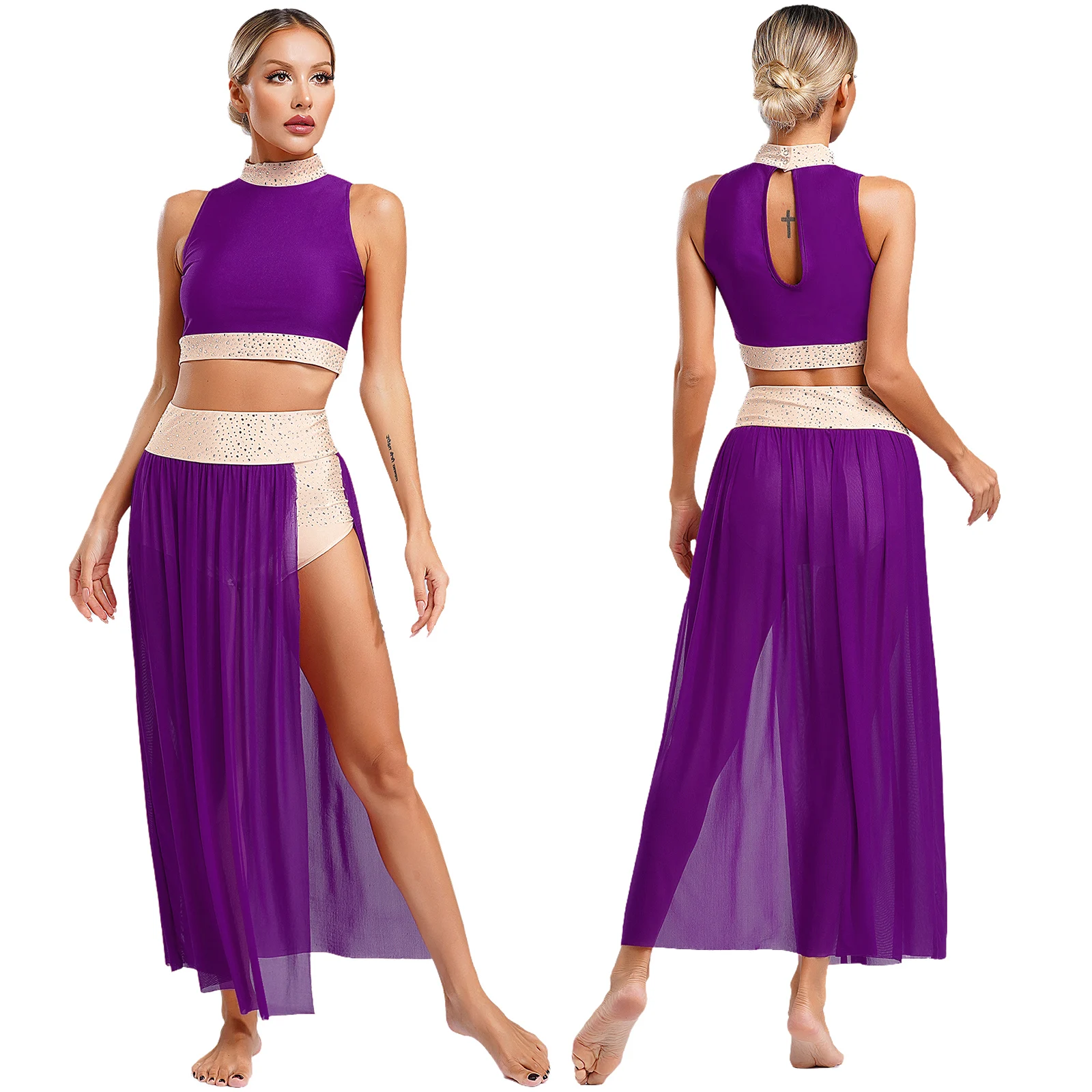 Temperament Womens Two Piece Sets Ballet Belly Dance Outfits Sleeveless Crop Top with Side Split Flowy Mesh Skirt Dancewear