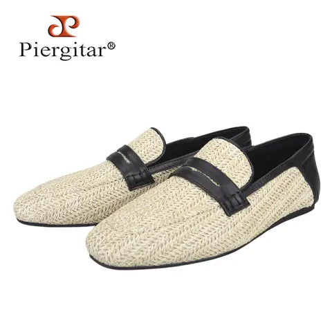 Piergitar Summer Model Custom-Made Weave Raffia Slip-On Men's Flat Shoes British "Old Money" Style Handcrafted Penny Loafers
