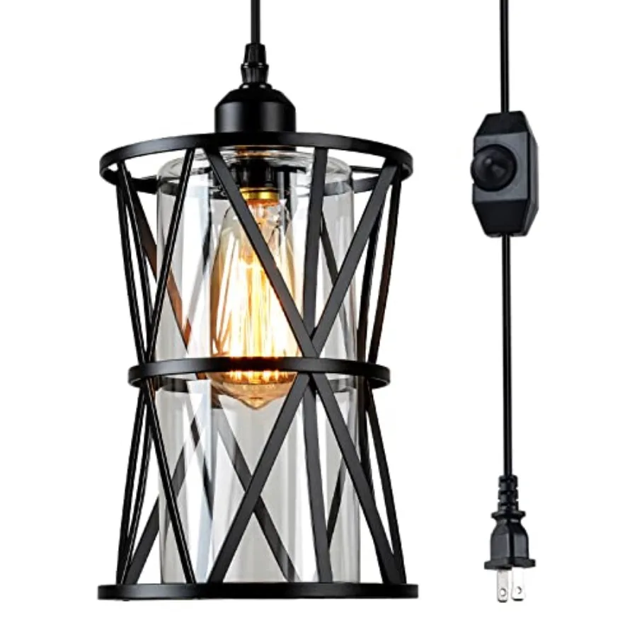 Farmhouse Plug in Pendant Light Outdoor Swag Lamp with Plug in Cord On/Off Dimmer Plug in Hanging Light Fixture for Dining Room