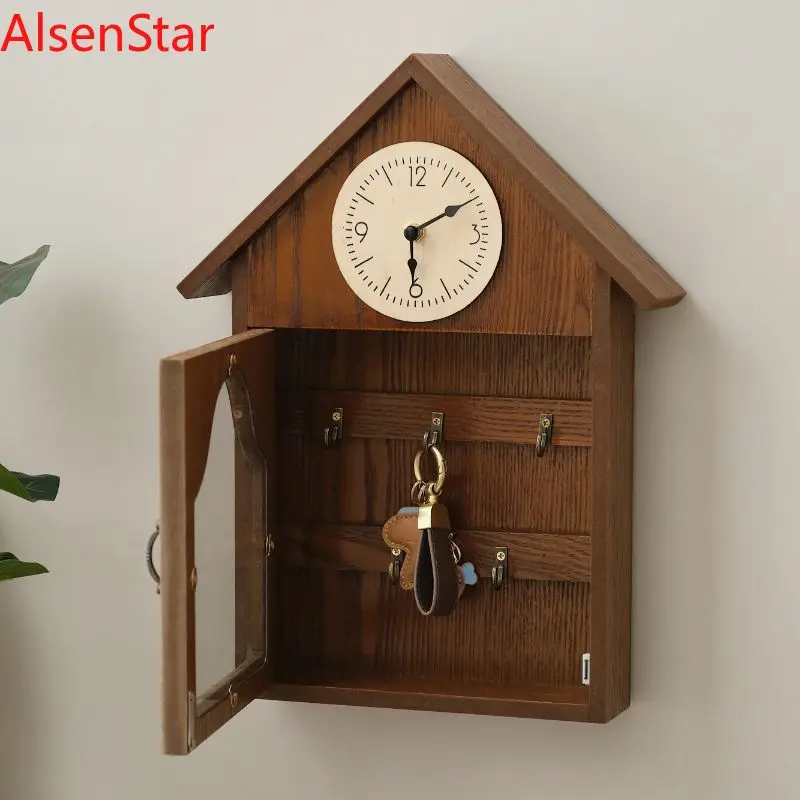 

Entrance Key Hanger Hook with Clock Creative Wall Decoration Clocks Wood Decorative Storage Rack Home Decoration