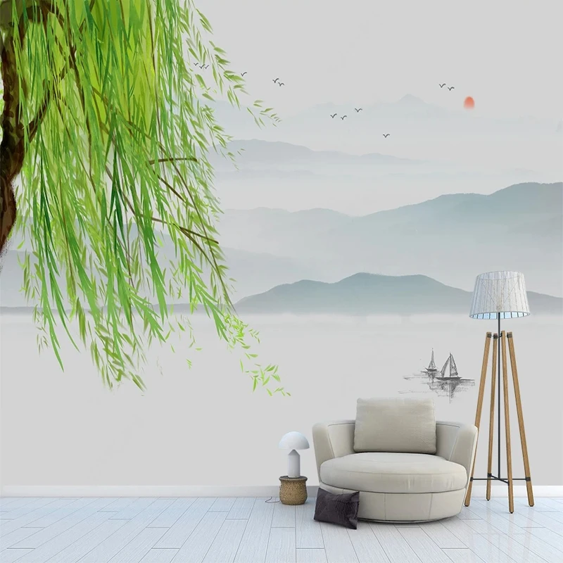 Custom 3D Photo Mural Spring Landscape Willow Tree Painting TV Sofa Background Wall Non-woven Wallpaper for Bedroom Living Room