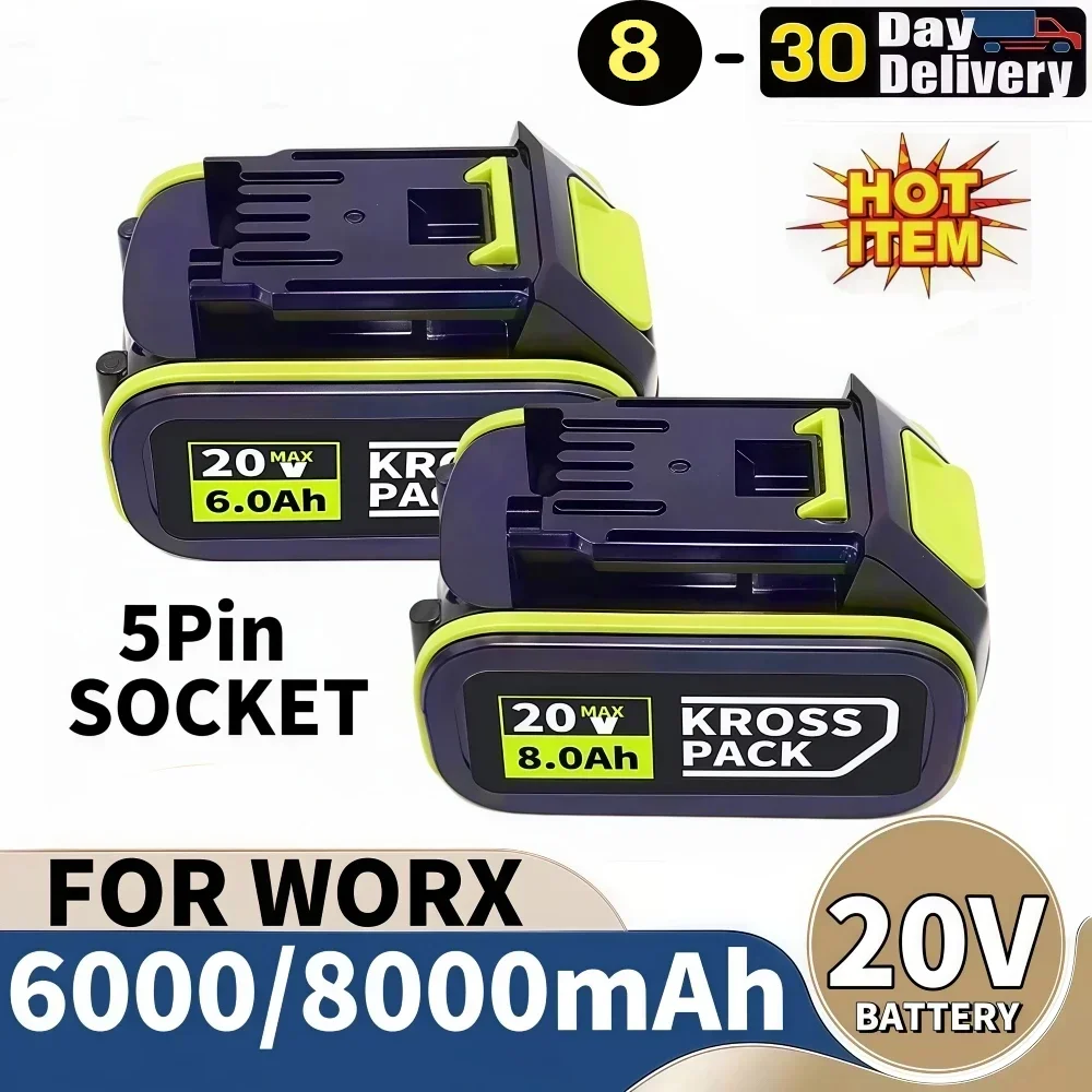 20v 6.0Ah/8.0Ah Li-ion Battery for Worx WA3553/WA3551 20V Cordless Power Tool Battery WA3572 WX390 WX176 WX178 WU268 with LED