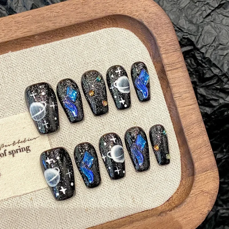 10Pcs Handmade Press on Nails Fake Nails with Planet Patterns Design Wearable Stick-on Nails Full Cover False Nail Uñas Postizas