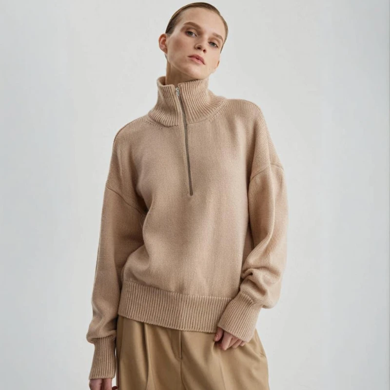 

TARUXY Stand Collar Zipper Knitted Sweater Woman Solid Loose Casual Pullover Sweater Long Sleeve 2025 Autumn Winter New Outfits