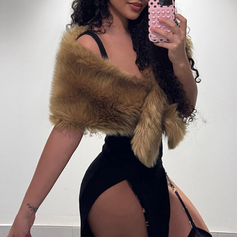 OMSJ 2026 Elegant Comfortable Plush Soft Shawl For Women New Faux Fur Thicken Warm Solid Color Slim Fit Cross Shoulder Outerwear