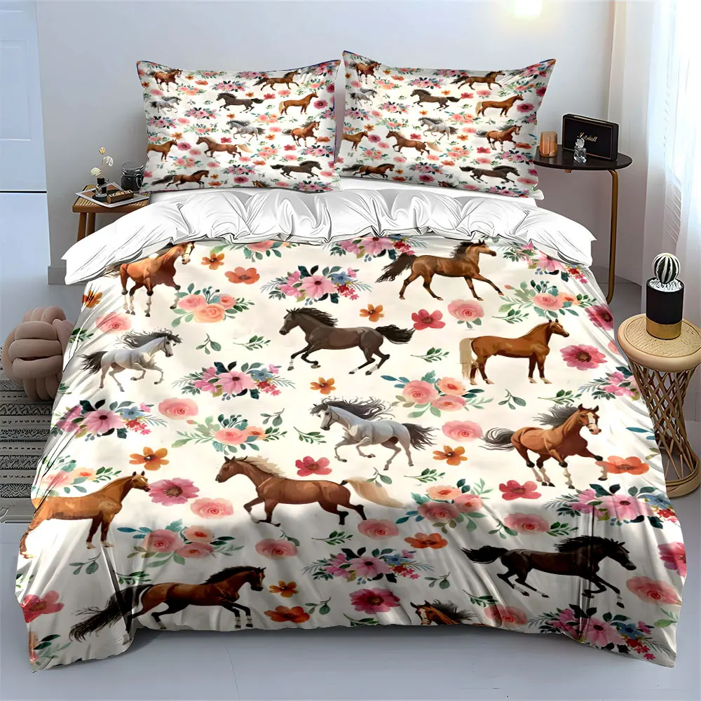 Running horses with floral background Printed Duvet Cover Set 1 Duvet Cover+2 Pillowcase Multi Size Bedroom Bedding Decoration