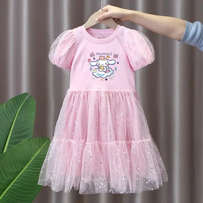 Anime Sanrioed Cinnamoroll Girls Short Sleeve Dress Sweet Cute Party Princess Dresses Gauze Skirt Cartoon Summer Child Clothing