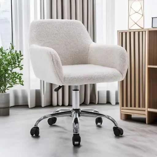 Faux Fur Vanity Makeup Desk Chair, Comfy Fluffy Swivel Modern Leisure Armchair with Wheels, Upholstered Fuzzy Height Adjustable