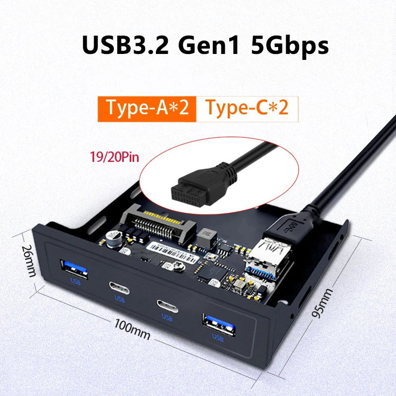 Conector do adaptador de expansão tipo C para desktop, disquete, painel frontal, 2 portas, USB 3.0, 2 portas, USB 3.2, GEN1, 5Gbps, 20 pinos, 3.5"