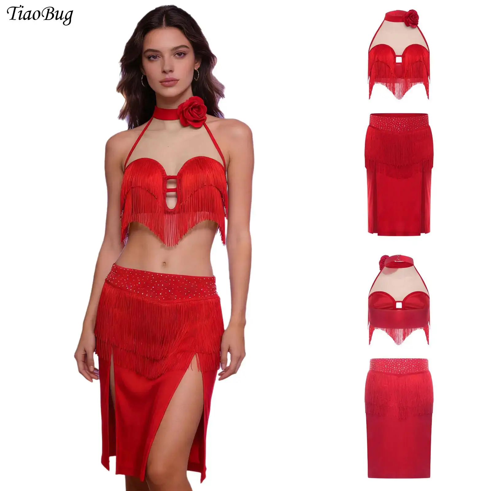

Womens Latin Dance Outfit 3D Flower Applique Tassel Backless Halter Top with Slit Briefs Miniskirt Chacha Salsa Costume