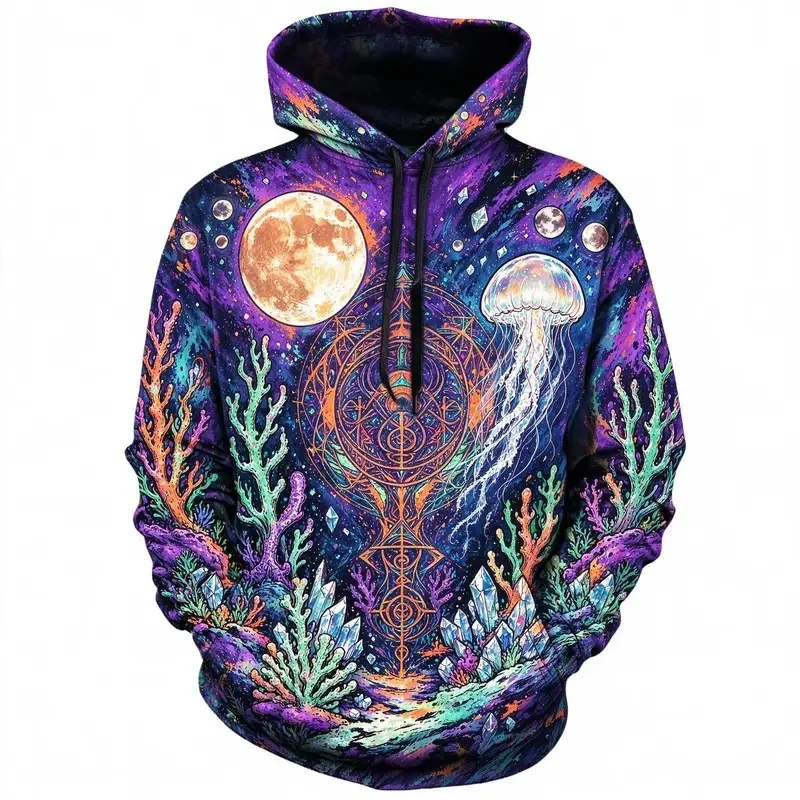 Men's Hoodie Purple Jellyfish Coral Moon Print Lightweight Comfortable Pullover Sweatshirt for Ocean Lovers Party Daily Wear