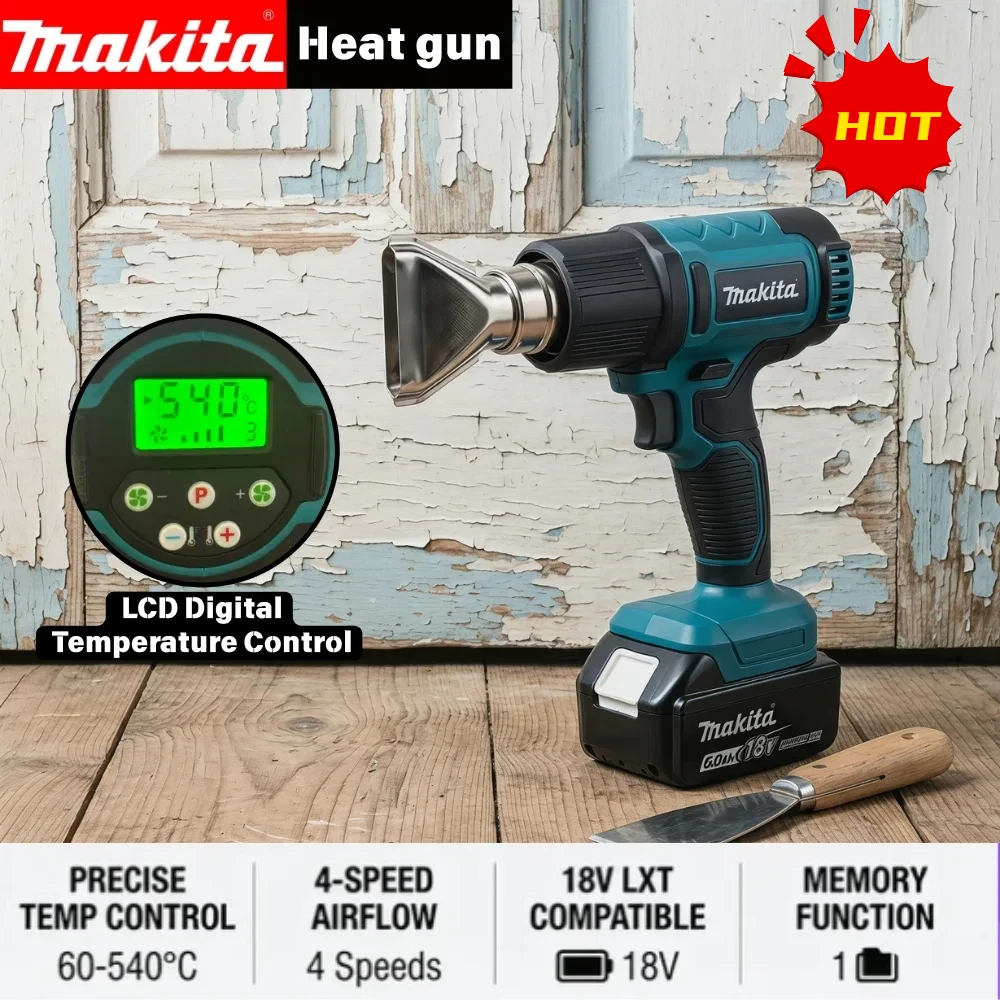 Makita 18V Brushless Cordless Heat Gun 60-540℃ 4-Speed Airflow LCD Digital Display For Makita 18V Battery Tool Only