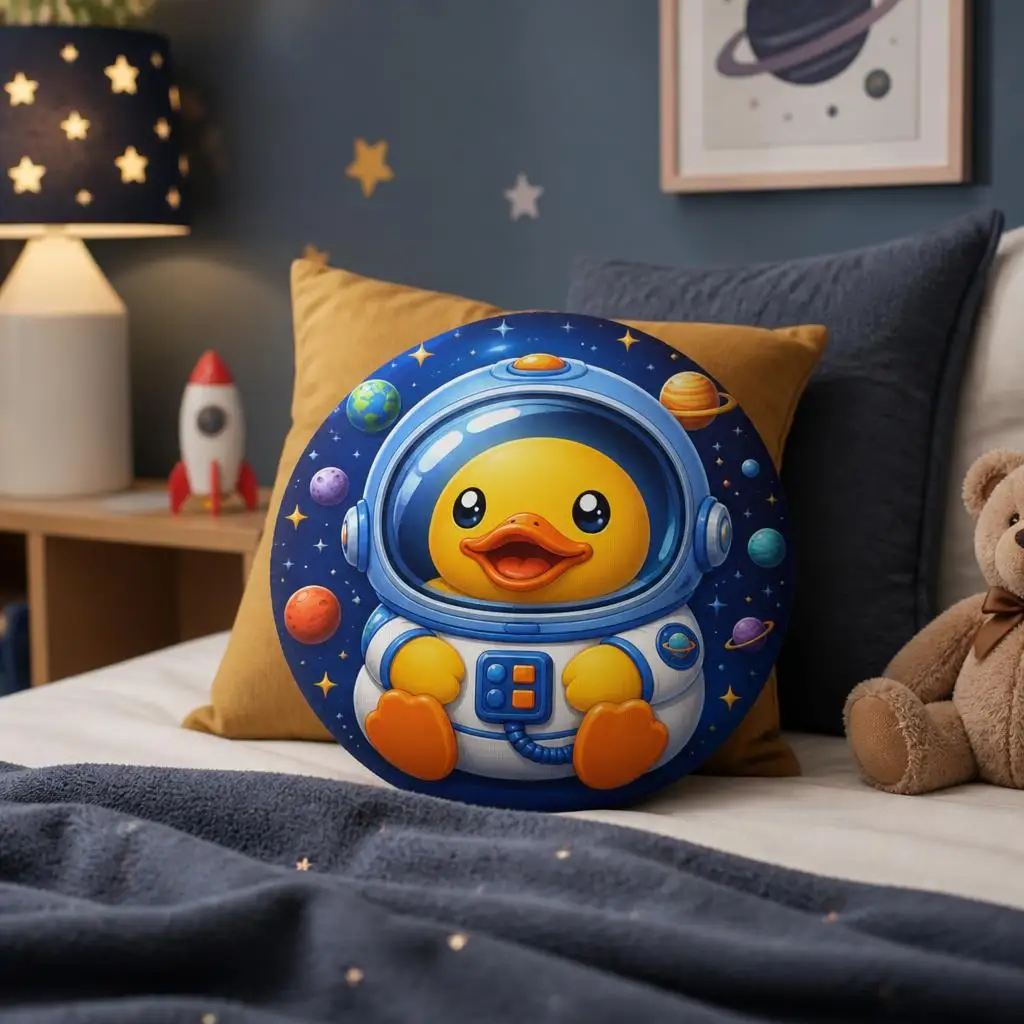 Rubber Duck Astronaut Plush Pillow Cute Space Cushion Stuffed Throw Pillow Cosmic Nursery Decor Kids Gift Round Planet Art