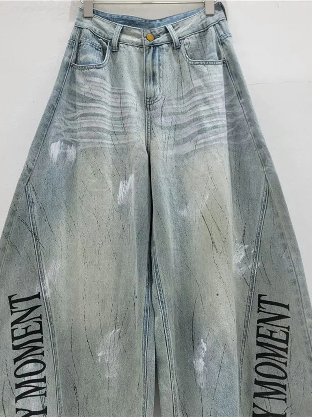 American Retro Letter Design Loose Women's Jeans High Waist Wide Leg Pants Slimming Effect Fashionable Trendy Blue Denim