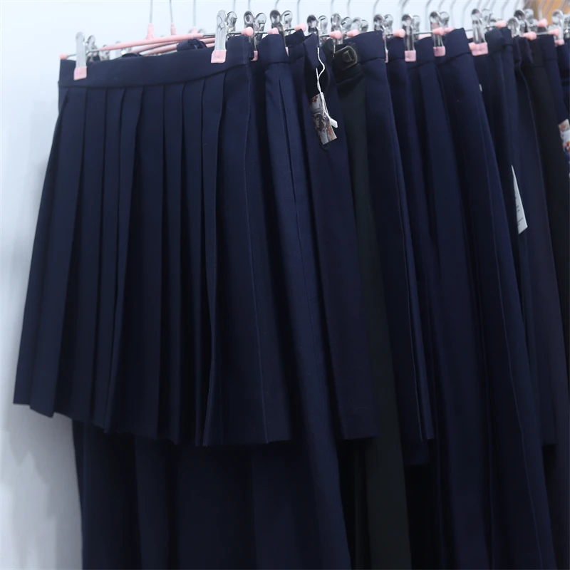 

Japanese Style Pure Color Plaid Short Skirt Basic Box Pleat Deep Blue School Uniform Skirt for Women Autumn Long Sleeve Strai...