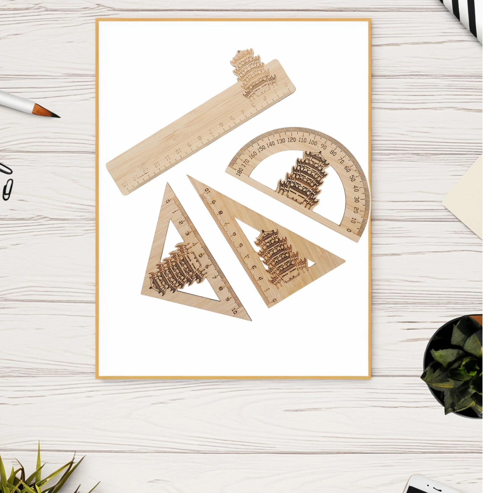 4 Buah Penggaris Bambu Desain Menara Burung Angsa Kuning Cina Multi Fungsi Geometri Matematika Busur Derajat Alat Ukur Gambar