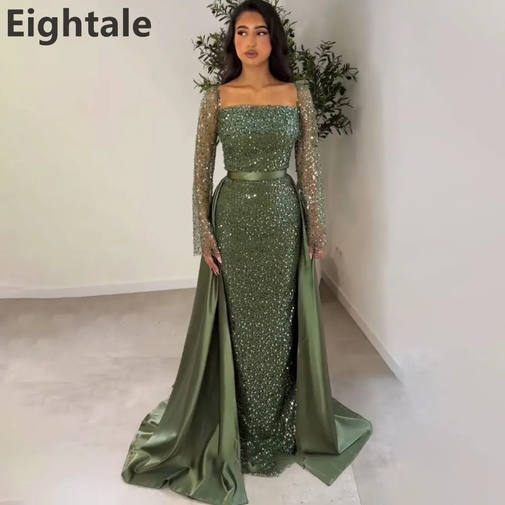 

Glitter Army Green Mermaid Evening Dress Sequin Long Sleeve Train Prom Dress Dubai Formal Party Gown Customized