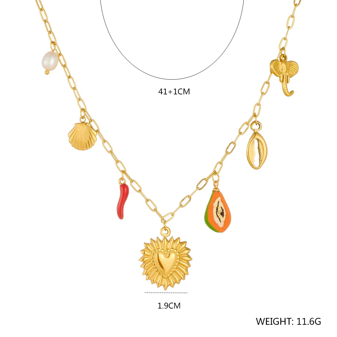 MEYRROYU 316L Stainless Steel Golden Heart Sun Papaya Pepper Elephant Pendant Necklace Lady Waterproof New Vacation Neck Chain