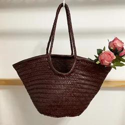 Fashion Woven Bag for Women Big Genuine Leather Tote Bag Large Summer Beach Travel Handbag Retro Handmade Shoulder Bag