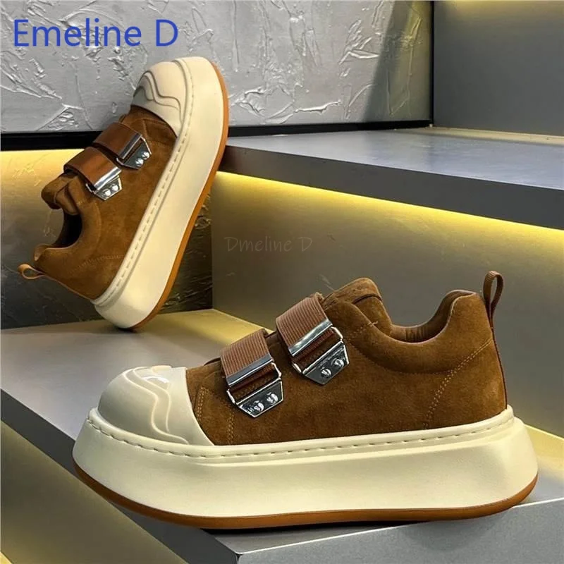 Men Suede Chunky Platform Shoes Double Metal Buckle Strap Protective Toe Cap Thick Rubber Outsole Height Boost Casual Sneakers