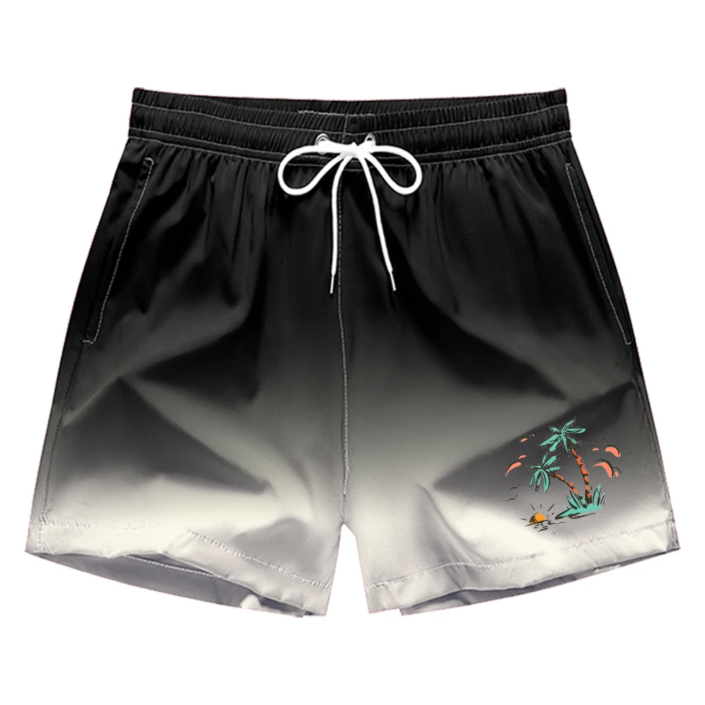 Tropical Paradise Beach Shorts for Men Ombre Board Shorts Breathable Swimming Trunks Holiday Wear with Pockets & Drawstring